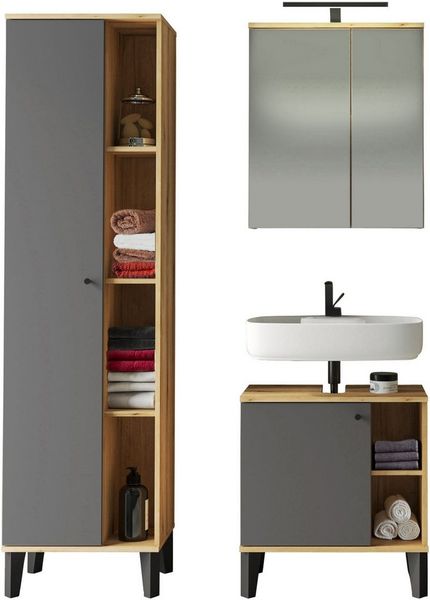 INOSIGN Badmöbel-Set OSLO, Bad im skandinavischen Design, 5-teiliges Badezimmer, (Set, 3-St), Badschränke und Spiegel, in zwei Farben verfügbar, viel Stauraum