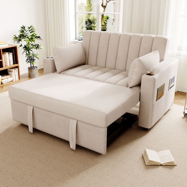 Ausziehbares Schlafsofa mit verstellbarer Lehne & Edelstahl-Getränkehaltern, Baumwoll-Leinen, 136x162x84 cm, Beige