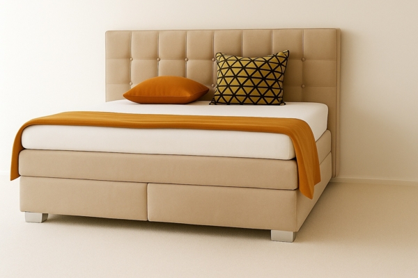 A&J MöbelLand Boxspringbett VERONA 180 x 200 cm mit zwei 7-Zonen-Taschenfederkernmatratzen und gepolstertem Kopfteil. Farbe: Beige