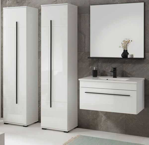 Badmöbel Set 5-teilig Design-D mit Waschbecken in Hochglanz weiß 190x200 cm, mit Waschbecken