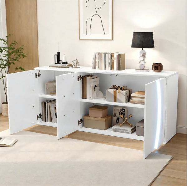 Merax Sideboard mit LED-Beleuchtung, Wohnzimmerschrank in Hochglanz Weiß (1 St), Kommode mit drei Türen und viel Stauraum, 150x40x70cm