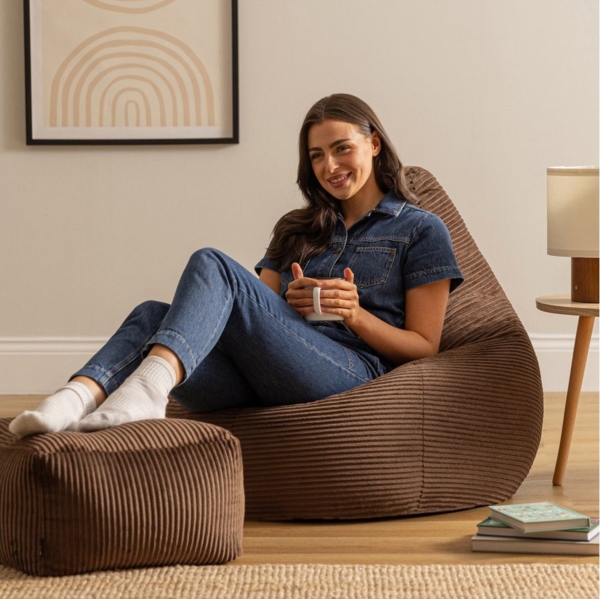 Icon Dalton Sitzsack mit Hocker Cord, Braun, Gaming Sitzsack Erwachsene mit Füllung, Bean Bag, Cord Sessel, Lounge Sessel, Lounge Stuhl, Schlafzimmer, Wohnzimmer, Wohnzimmer Möbel