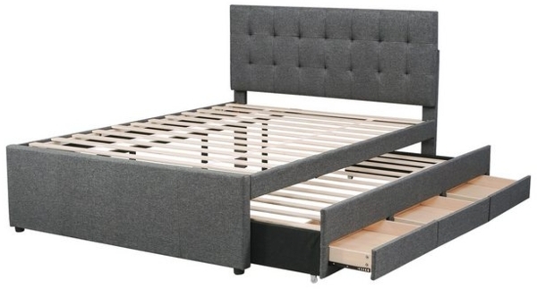 Merax Polsterbett mit 2 Ligeflächen 140x200/90x190 cm, Doppelbett mit 3 Schubladen und Lattenrost, Ausziehbett, Kinderbett Bild 4