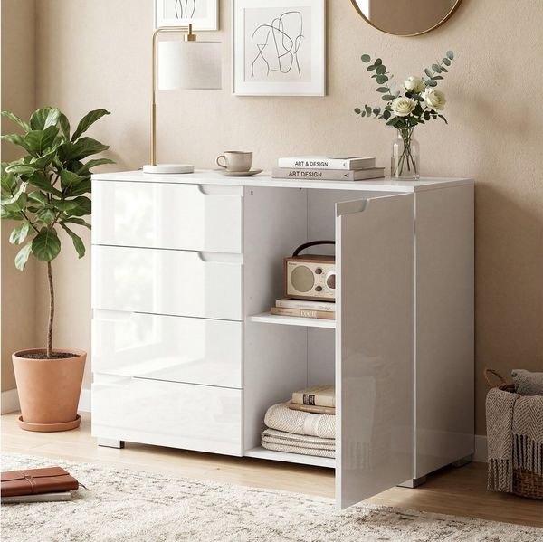 HOMCOM Sideboard mit 4 Schubladen, Verstellbarem Einlegeboden (Aufbewahrungsschrank, 1 St, TV Schrank), für Wohnzimmer, Schlafzimmer 100 x 40 x 80 cm, Weiß