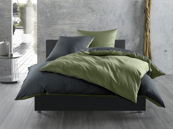 Mako Satin Wende Bettwäsche dunkelgrün anthrazit 200x220 + 2x 80x80
