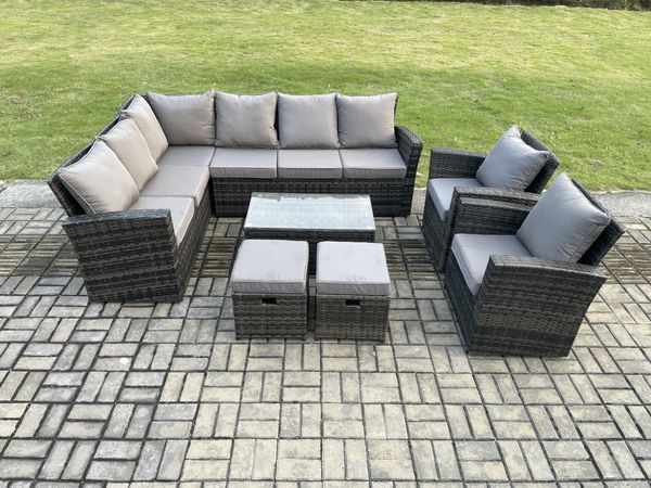 Fimous 10 Sitzer Hoher Rücken Rattan Gartenmöbel Set Rattan Ecksofa Set mit Rechteckiger Couchtisch 2 kleine Fußhockern 2 Sesseln Dunkelgrau gemischt