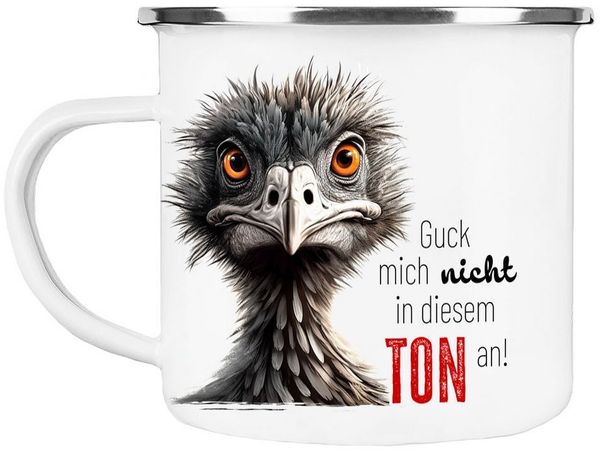 Cadouri Tasse Emaille Tasse 'Guck mich nicht in diesem Ton an' Kaffeetasse, Metall, Outdoortasse, Campingbecher Edelstahl, handgefertigt, Geschenk, 300 ml
