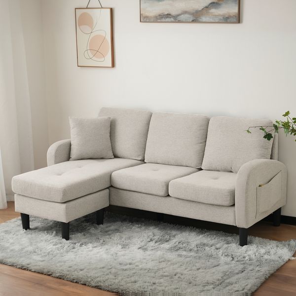 Flieks L-Form Ecksofa 166 cm mit flexibler Chaiselongue, 3-Sitzer Sofa aus Baumwoll-Leinenstoff, kompaktes Modulsofa, Beige
