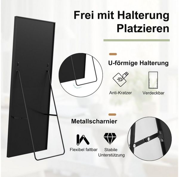 FUROKOY Ganzkörperspiegel Standspiegel Wandspiegel,stehend oder wandmontiert mit Metallrahmen, verstärktem Glas,Gewölbter,Schwarz,164 x 54 cm