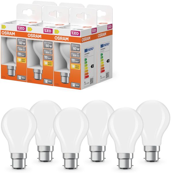 OSRAM LED-Lampe Star Kolbenform A60 Filament, 2700 K warmweiß, 5,9 W, B22d, matt, 806 lm, 15.000h, für Decken- und Stehleuchten, blendfrei