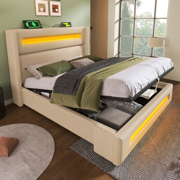 Polsterbett 140x200 cm mit LED-Beleuchtung & USB/Type-C Ladefunktion – Bett mit Stauraum hydraulisch, Leinenoptik Beige