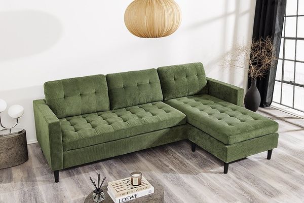 riess-ambiente Ecksofa STOCKHOLM 220cm grün · Couch mit Cordbezug und Federkern, Einzelartikel 1 Teile, 3-Sitzer in L-Form · inkl. Kissen · Ottomane rechts & links · Retro