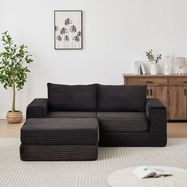 Schlafsofa in Schwarz aus Cord mit modularer Konfiguration und herausnehmbarer Fußstütze,74x194x169.5 cm