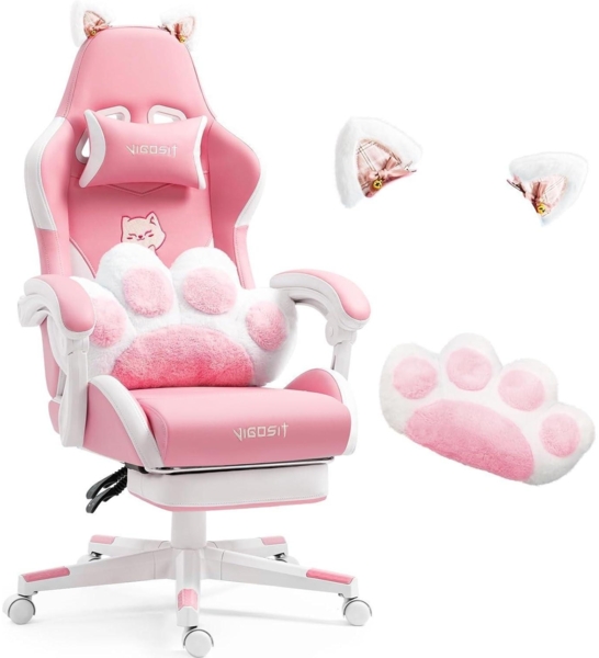 Cute Gaming Stuhl Katzenohren Lendenkissen Ergonomisch Pink