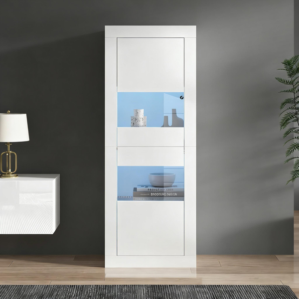 Merax weiß Vitrine mit LED-Beleuchtung, 1 Glasboden, 61*42*162 cm, Vitrine, freistehende Vitrine, Hochschrank, Lagerschrank