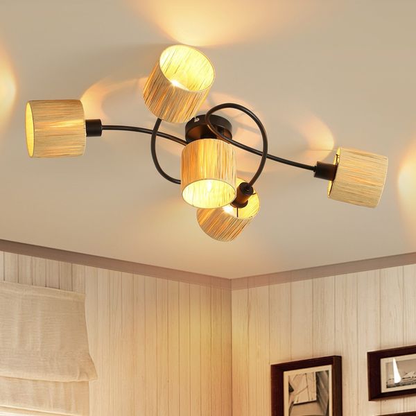 ZMH Deckenstrahler 5 Flammig Deckenleuchte Wohnzimmer - Deckenspots Vintage Schwarz Natürlich Strahler Innen Umgeben DesignDeckenlampe E14 Papier Spots für Flur Schlafzimmer (Ohne Leuchtmittel)