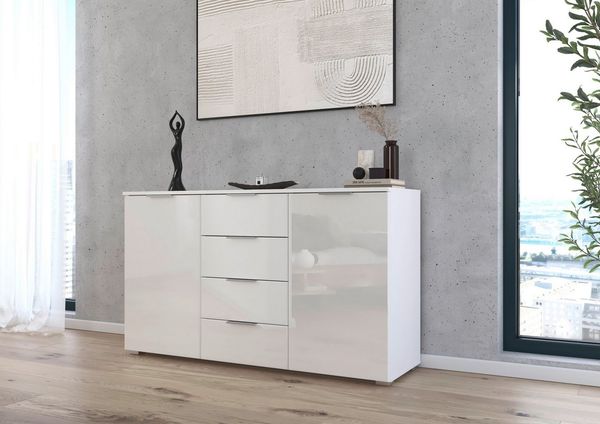 OTTO home Kombikommode Sideboard Kombikommode Schubladenkommode AGORDO mit Glasfront (in zwei Griff-Farben, Breite 120 cm), vier große Schubladen, mit insgesamt 4 Einlegeböden MADE IN GERMANY