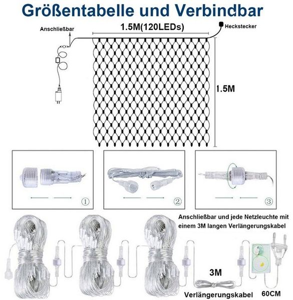 Rosnek Lichternetz 8 Beleuchtungsmodi, für Hochzeit Weihnachten Party Urlaub, LED-Lichterkette, 1.5x1.5M/2x2M/3x2M/6x4M Bild 4