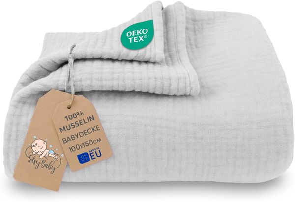 Musselin Decke Babydecke Baumwolle 100x150 cm - Musselindecke Kuscheldecke Baby Musselintücher Kinderdecke dünne Babydecken Pucktuch Muslin Blanket für Kinder Oeko-Tex-Zertifikat Grau