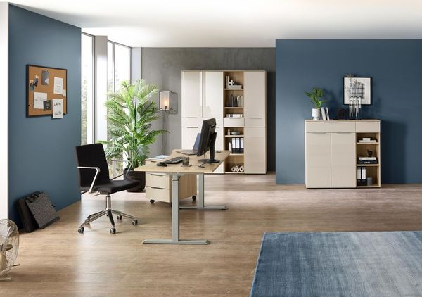 Komplettbüro Büro-Set SANTORIN VII Riva Eiche & Glas Cashmere 7-teilig