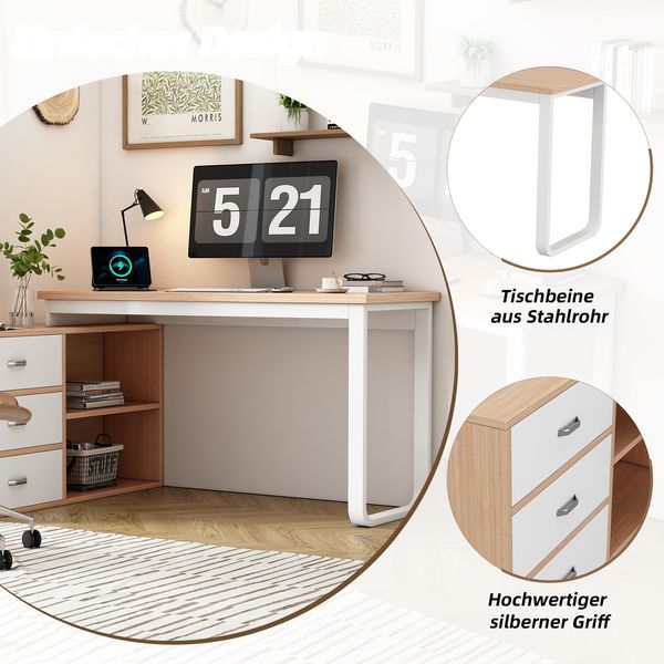 Merax Schlichter Schreibtisch, Büroschreibtisch, drei Schubladen, zwei offene Ablagefächer, massives Stahlrohr, breite und dicke Tischplatte, stabile Tragfähigkeit, natur Bild 5