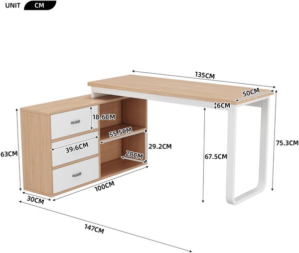 Merax Schlichter Schreibtisch, Büroschreibtisch, drei Schubladen, zwei offene Ablagefächer, massives Stahlrohr, breite und dicke Tischplatte, stabile Tragfähigkeit, natur Bild 4