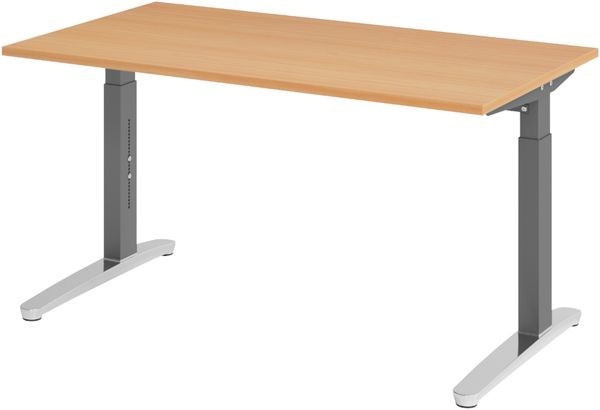 bümö manuell höhenverstellbarer Schreibtisch 140x80 in Buche, Gestell in graphit/alu - PC Tisch höhenverstellbar & klein, höhenverstellbarer Tisch Büro, kleiner Computertisch verstellbar, X14-6-GC