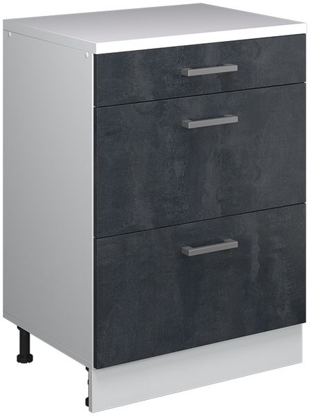 Küchenschrank für Dachschrägen R-Line Schwarz Beton 60 cm ohne Schräge mit 3 Schubladen Vicco