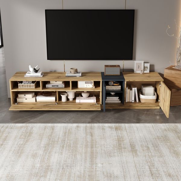 TV-Schrank 200 x 45 x 45 cm, modern in Schwarzgrau und Holzoptik, mit Türen und offenen Fächern