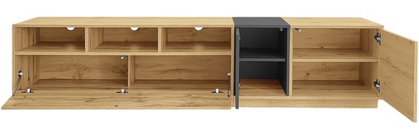 TV-Schrank 200 x 45 x 45 cm, modern in Schwarzgrau und Holzoptik, mit Türen und offenen Fächern Bild 6