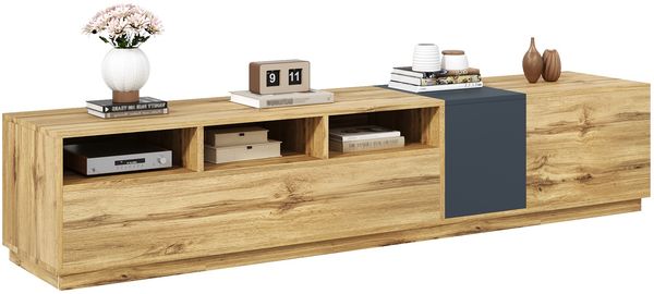 TV-Schrank 200 x 45 x 45 cm, modern in Schwarzgrau und Holzoptik, mit Türen und offenen Fächern Bild 7