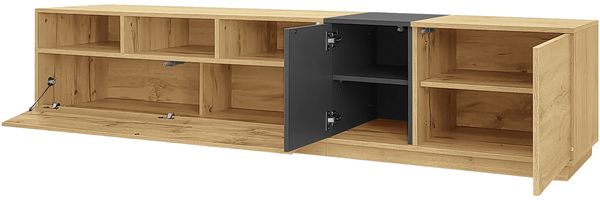 TV-Schrank 200 x 45 x 45 cm, modern in Schwarzgrau und Holzoptik, mit Türen und offenen Fächern Bild 9