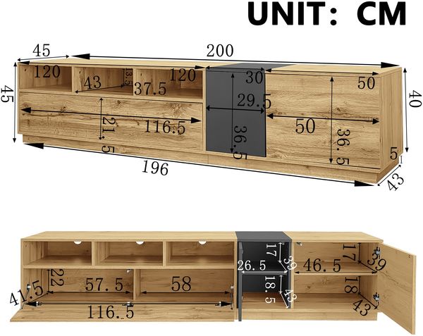 TV-Schrank 200 x 45 x 45 cm, modern in Schwarzgrau und Holzoptik, mit Türen und offenen Fächern Bild 5