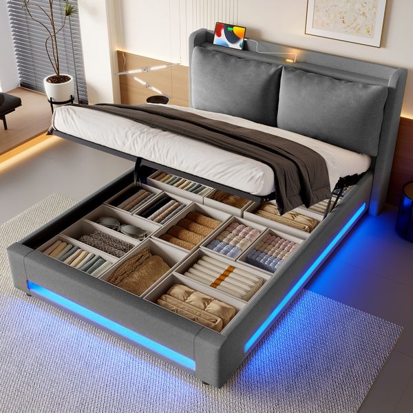 LVHOM Polsterbett 140x200cm mit LED&USB, Doppelbett mit Stauraum, Stauraumbett mit abnehmbaren Kissen, Bettgestell Massiv, Samtstoff, Grau