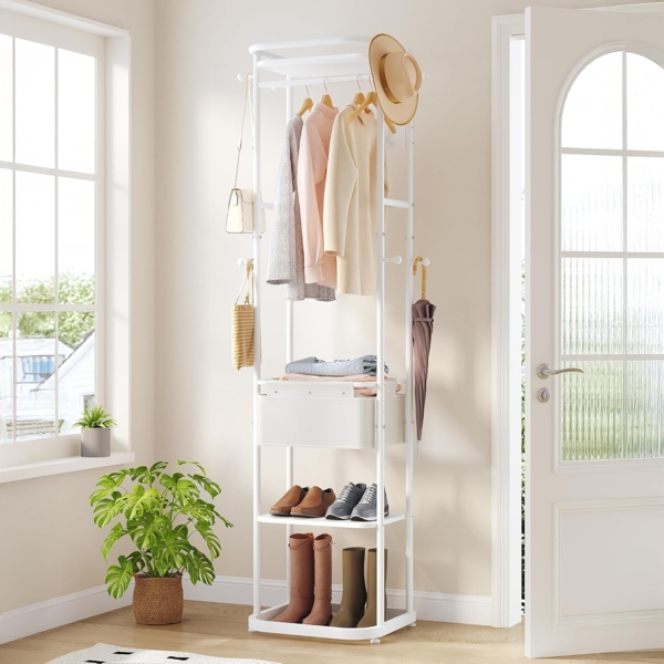 Garderobenständer, Kleiderständer mit Großer Aufbewahrungskorb, Garderob mit 3 Ablagen, 11 Haken, 40 x 44,5 x 182 cm, für Schlafzimmer, Flur, Eingangsbereich, Weiß