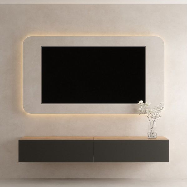 Planetmöbel TV Board 200 cm Gold Eiche/Anthrazit, TV Schrank mit 2 Klappen als Stauraum, Lowboard hängend oder stehend, Sideboard Wohnzimmer