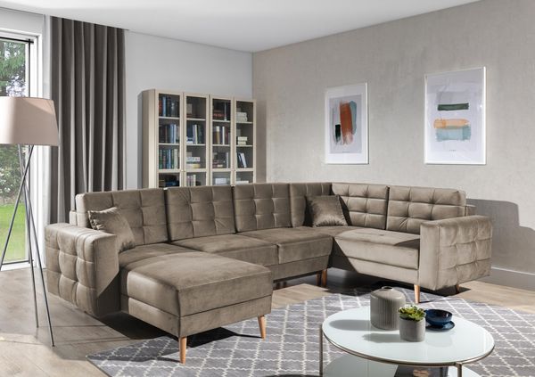 Wohnideebilder 'Asgard U' Ecksofa mit Schlaffunktion und Bettkasten, 320x90x202 cm, Hellbraun