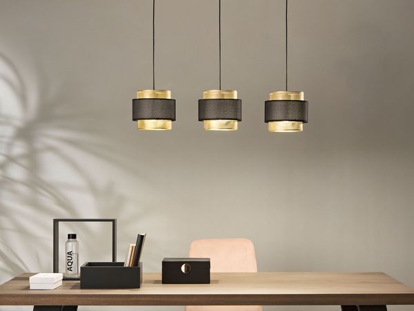 Pendelleuchte LOUNGE 3-flammig, Metall Gold mit Stoffblende Schwarz, Breite 85cm
