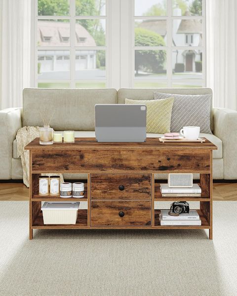 Couchtisch, höhenverstellbarer Wohnzimmertisch, Sofatisch, 2 Schubladen und Versteckter Stauraum, 50 x 100 x 47,3-61,3 cm, für Wohnzimmer, Esszimmer, Büro, Vintage Braun-Schwarz
