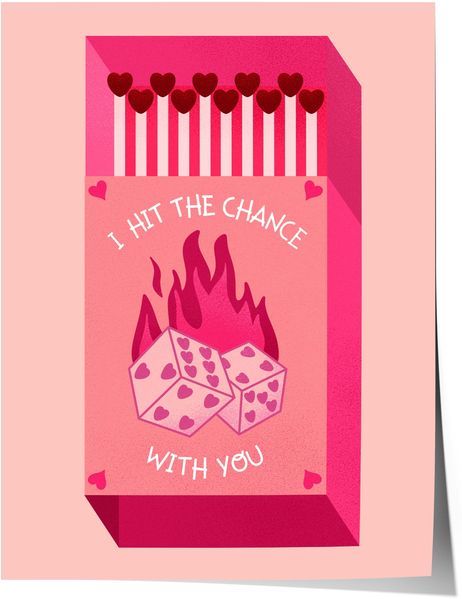 Streichholz Poster · · Hit The Chance With You · Liebe Illustration · Würfel Design · Vintage Ästhetik · Pink Rot · Print ohne Rahmen - 80x120 cm