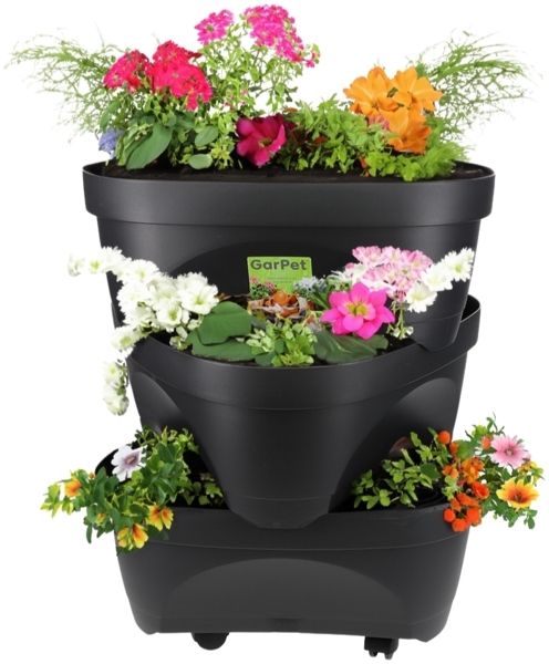 Erdbeertopf Pflanzturm Blumentopf Hoch Pflanzsäule Kräutertopf Balkon Pflanzkübel Anthrazit Kräuterturm Pflanztopf Outdoor Säulentopf SET 3 Ebenen Roller