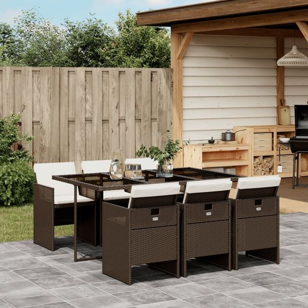 vidaXL 7-tlg. Garten-Essgruppe mit Kissen Braun Poly Rattan 3210549