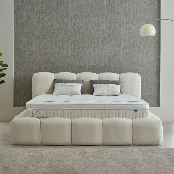 abc bedding Boxspringbett Komfortbett KAONA im stilvollen beige bouclé Stoffdesign, Voll-orthopädisches Schlafsystem inklusive Bettkasten