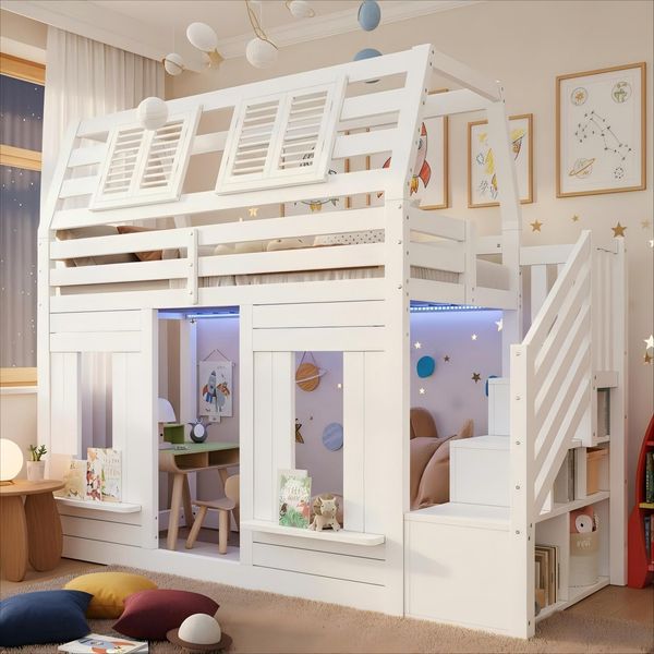 Merax Etagenbett, Hochbett, Kinderbett, Holzbett, Hausbett 90x200cm mit LED, Rausfallschutz und Stauraumtreppe, Fenster-Form, weiß