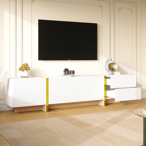 TV-Schrank 190 cm Weiß Gold mit Holzmaserung, Lowboard TV-Möbel Sideboard, 2 Schubladen, 3 Türen