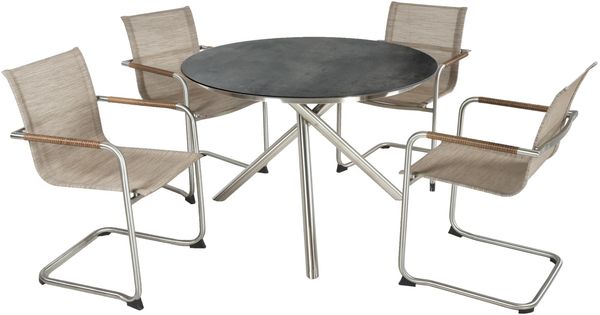 Garten-Sitzgruppe HECTOR 5-tlg. Edelstahl Kunststoff Sandbraun | Gartenmöbel-Set Gartengarnitur Garten-Essgruppe mit Freischwingerstühlen B und Esstisch