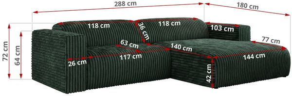 Ecksofa PASADENA, freistehendes Ecksofa, breite Armlehnen, Federsitz - rechts - Grün Cord Bild 8