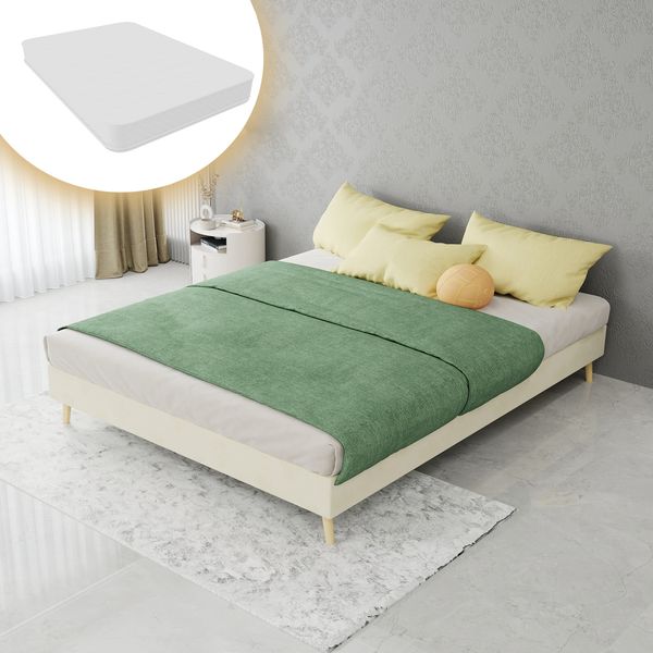Modern Minimalist bed frame, 140x200 cm, beige, Dutch velvet fabric, low-profile under-bed space, modern-style bedroom furniture. Does not include gas spring mechanism or headboard; includes mattress.