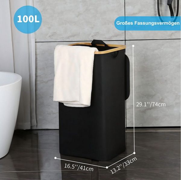 SURFOU Wäschekorb Wäschesammler mit Deckel Laundry Baskets Waschesammelbox Wäschetonne (100L Große Speicherkapazität Faltbarer Wäschesack aus Oxford-Gewebe Bambus Wäschebox mit Griff, Grau/Schwarz, Laundry Baskets, Wäschetonne für Schmutzwäsche, 1 St, ...