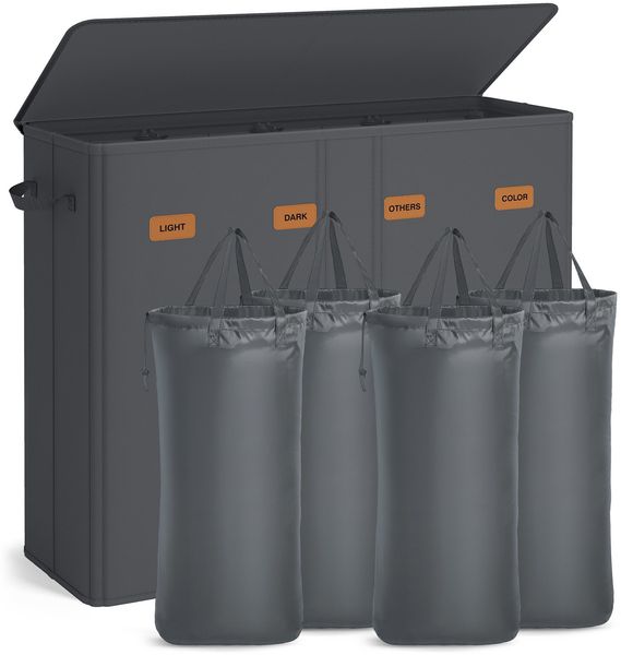 SONGMICS Wäschekorb mit 4 Fächern, 210 L, mit Deckel, 5 Etiketten, herausnehmbarer und waschbarer Innensack, Waschküche Schlafzimmer, dunkelgrau